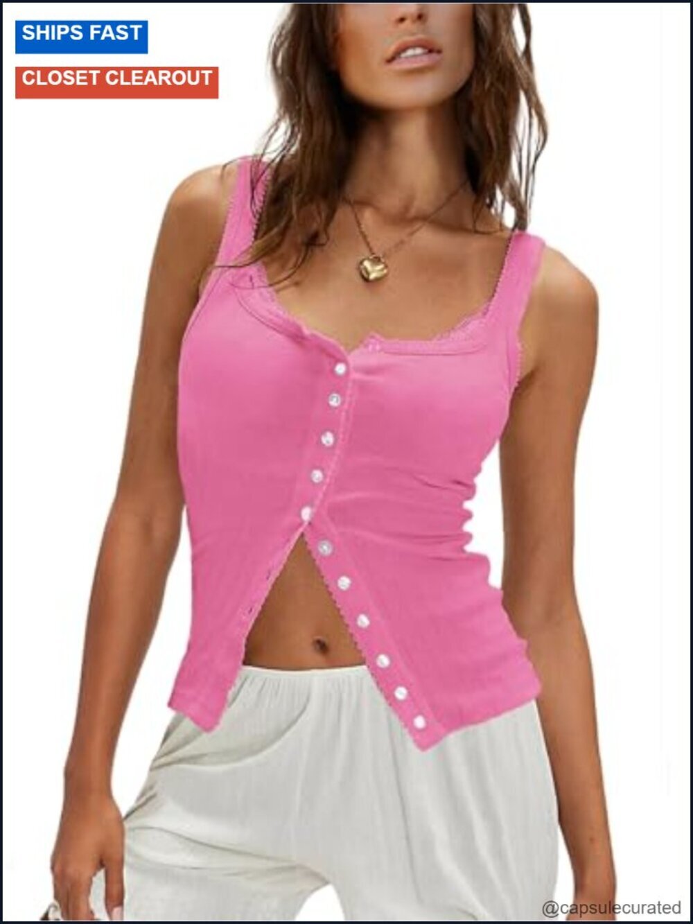 Ribbed Button Down Tank Top Scoop Neck Sleeveless Cropped Camisole